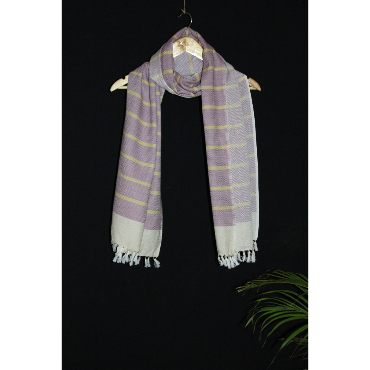 (1619) Cotton Azo-free dyed stole from Maheshwar - Mustard, purple, stripes, piped fringes