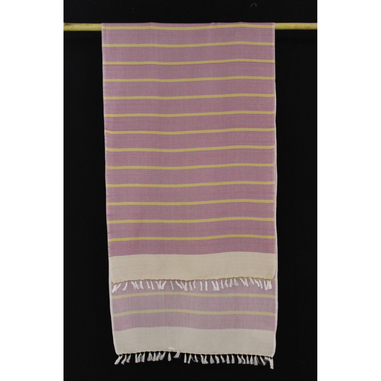 (1619) Cotton Azo-free dyed stole from Maheshwar - Mustard, purple, stripes, piped fringes