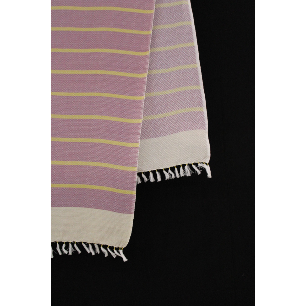 (1619) Cotton Azo-free dyed stole from Maheshwar - Mustard, purple, stripes, piped fringes
