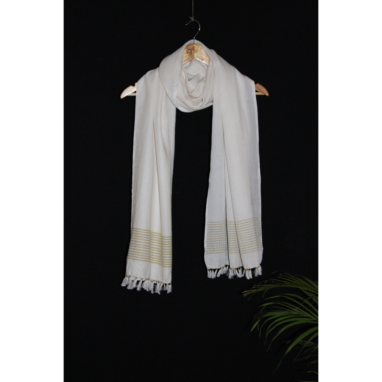 (1621) Cotton Azo-free dyed stole from Maheshwar - Kora, mustard yellow, stripes, piped fringes