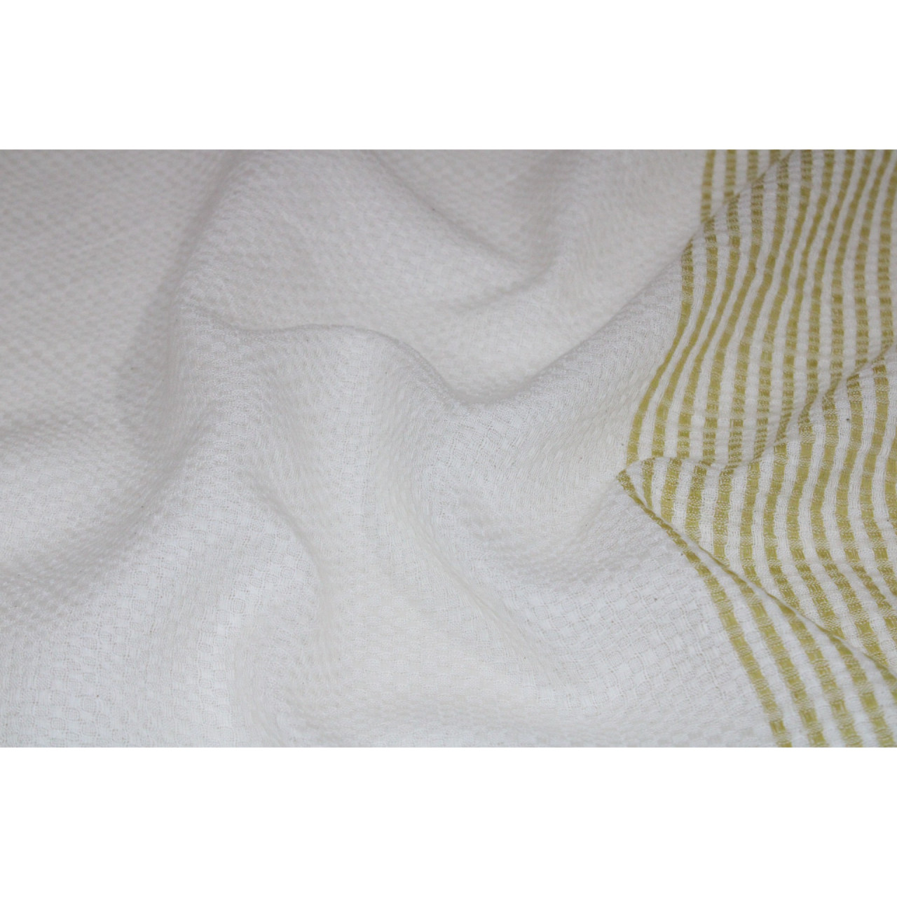 (1621) Cotton Azo-free dyed stole from Maheshwar - Kora, mustard yellow, stripes, piped fringes