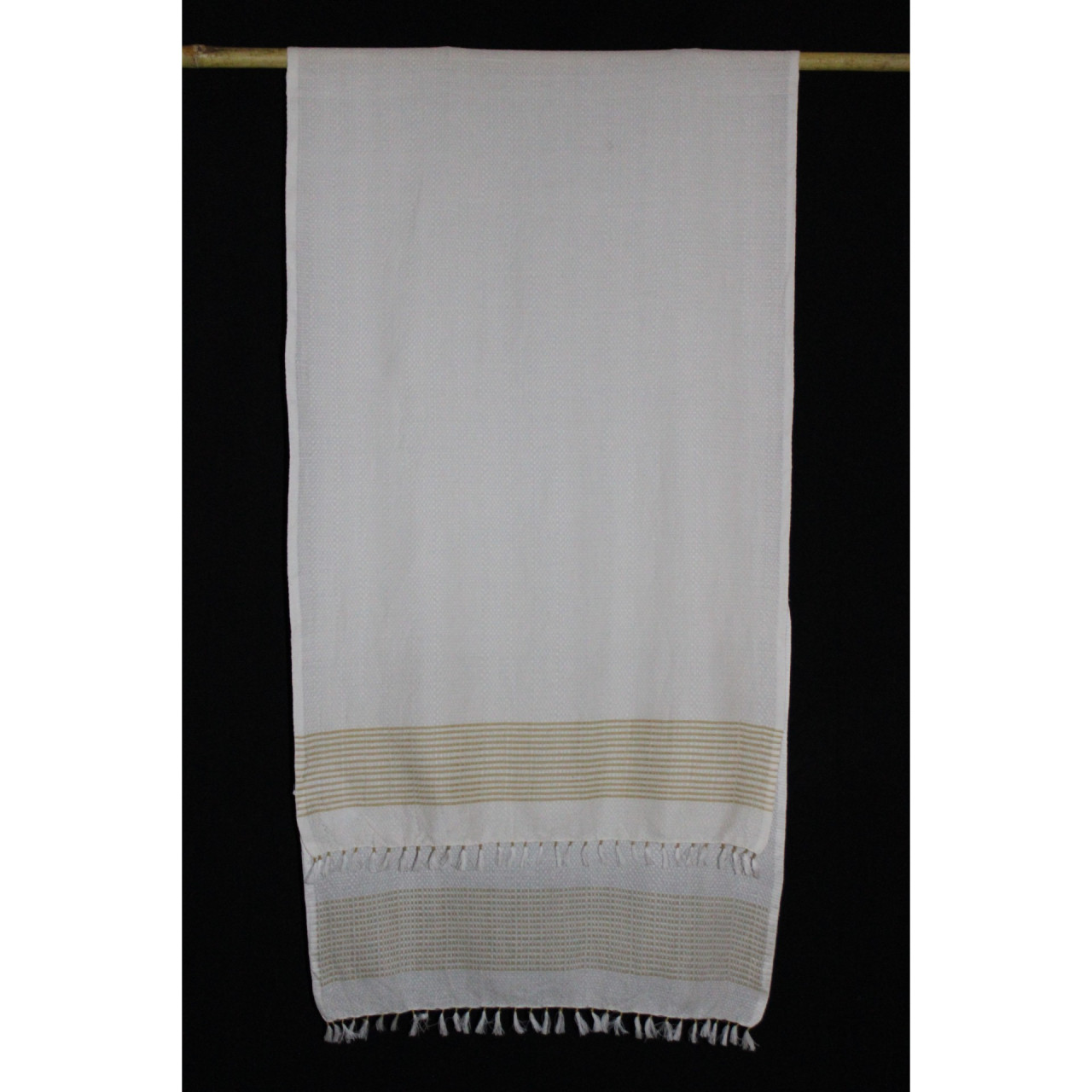 (1621) Cotton Azo-free dyed stole from Maheshwar - Kora, mustard yellow, stripes, piped fringes