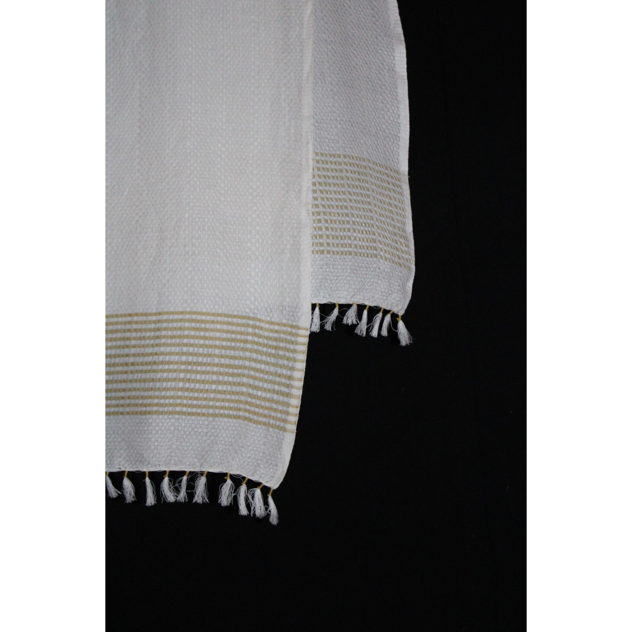 (1621) Cotton Azo-free dyed stole from Maheshwar - Kora, mustard yellow, stripes, piped fringes