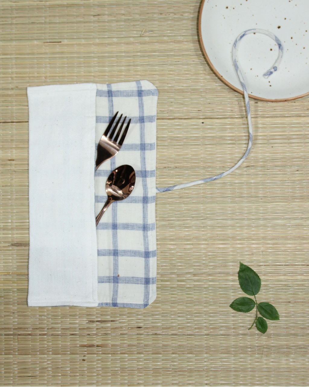 (1865) Cotton Azo-free dyed cutlery pouch from Maheshwar - Indigo, white, checks, textured, cerulean, dark indigo, blue, space dyed