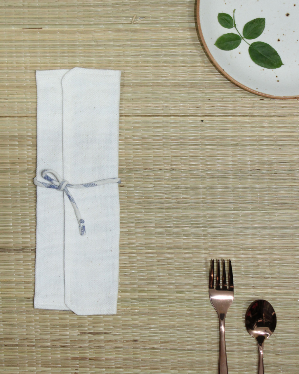 (1865) Cotton Azo-free dyed cutlery pouch from Maheshwar - Indigo, white, checks, textured, cerulean, dark indigo, blue, space dyed