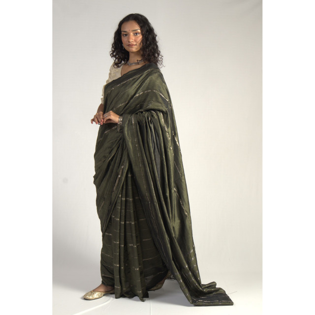 (2079) Cotton (mercerised), mulberry silk and zari Azo-free dyed Contemporary sari from Maheshwar with zari dobby work - Olive green, silver zari, embroidery, moss green, moss, green, textured