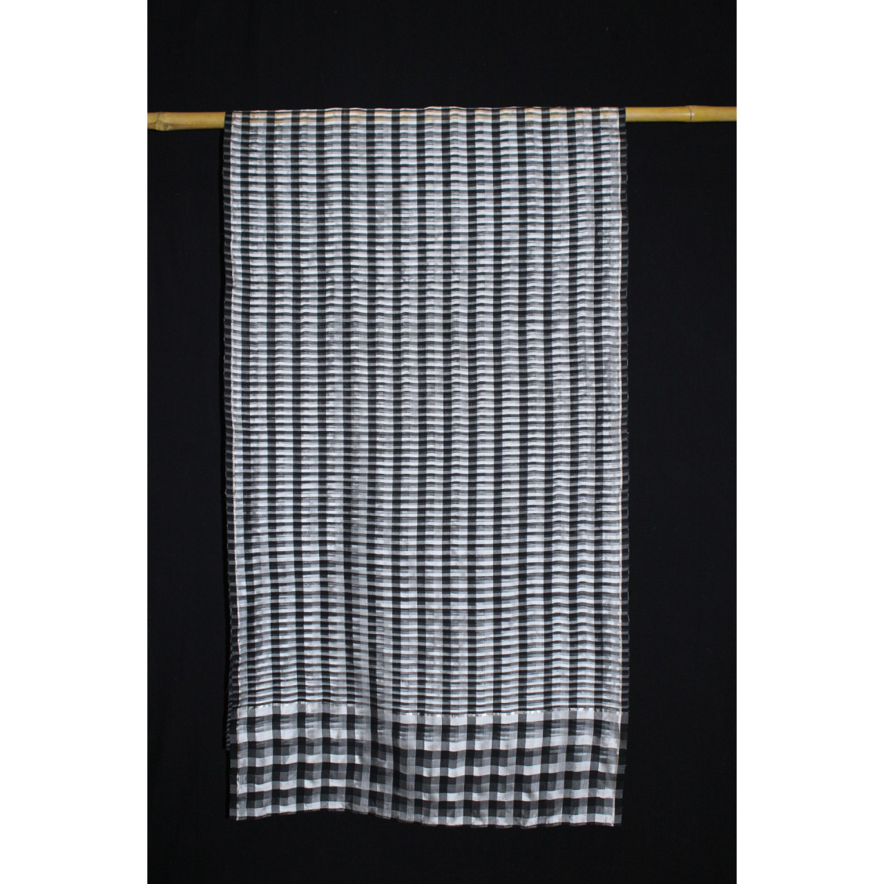 (2172) Mulberry silk and cotton Azo-free dyed stole from Maheshwar - Black, white, checks, silver zari, stripes