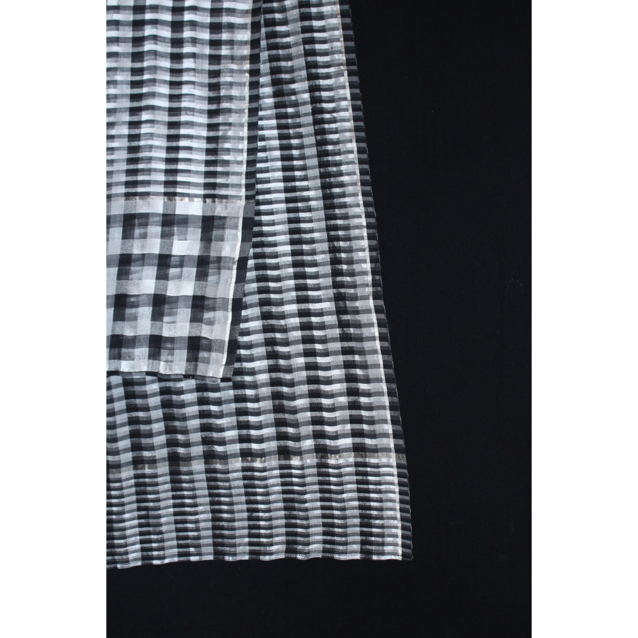 (2172) Mulberry silk and cotton Azo-free dyed stole from Maheshwar - Black, white, checks, silver zari, stripes