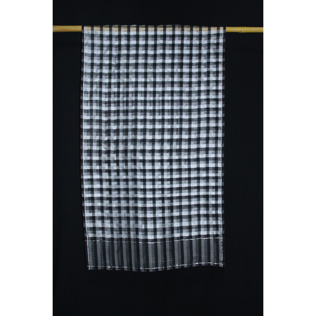 (2173) Mulberry silk, cotton and zari Azo-free dyed stole from Maheshwar - White, black, checks, stripes, silver zari