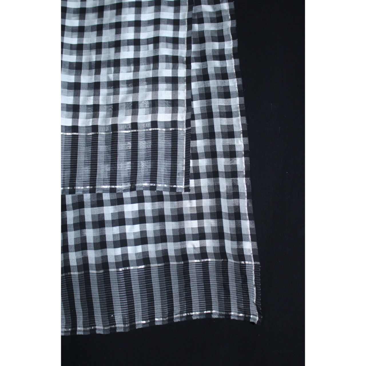 (2173) Mulberry silk, cotton and zari Azo-free dyed stole from Maheshwar - White, black, checks, stripes, silver zari
