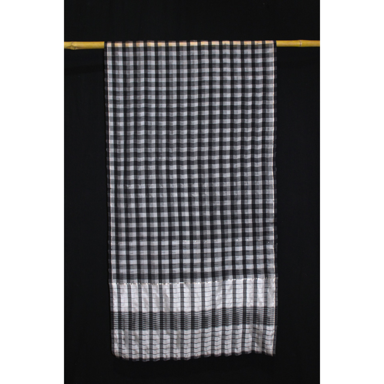(2174) Mulberry silk and cotton Azo-free dyed stole from Maheshwar - Black, checks, silver, silver zari, stripes