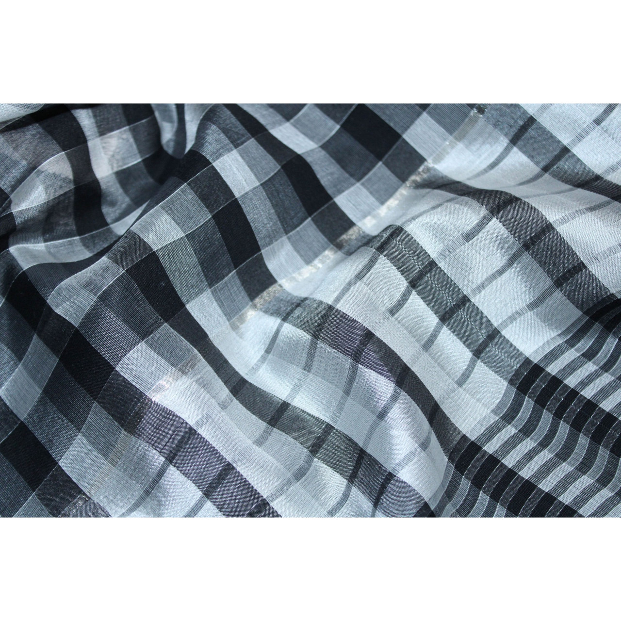 (2174) Mulberry silk and cotton Azo-free dyed stole from Maheshwar - Black, checks, silver, silver zari, stripes