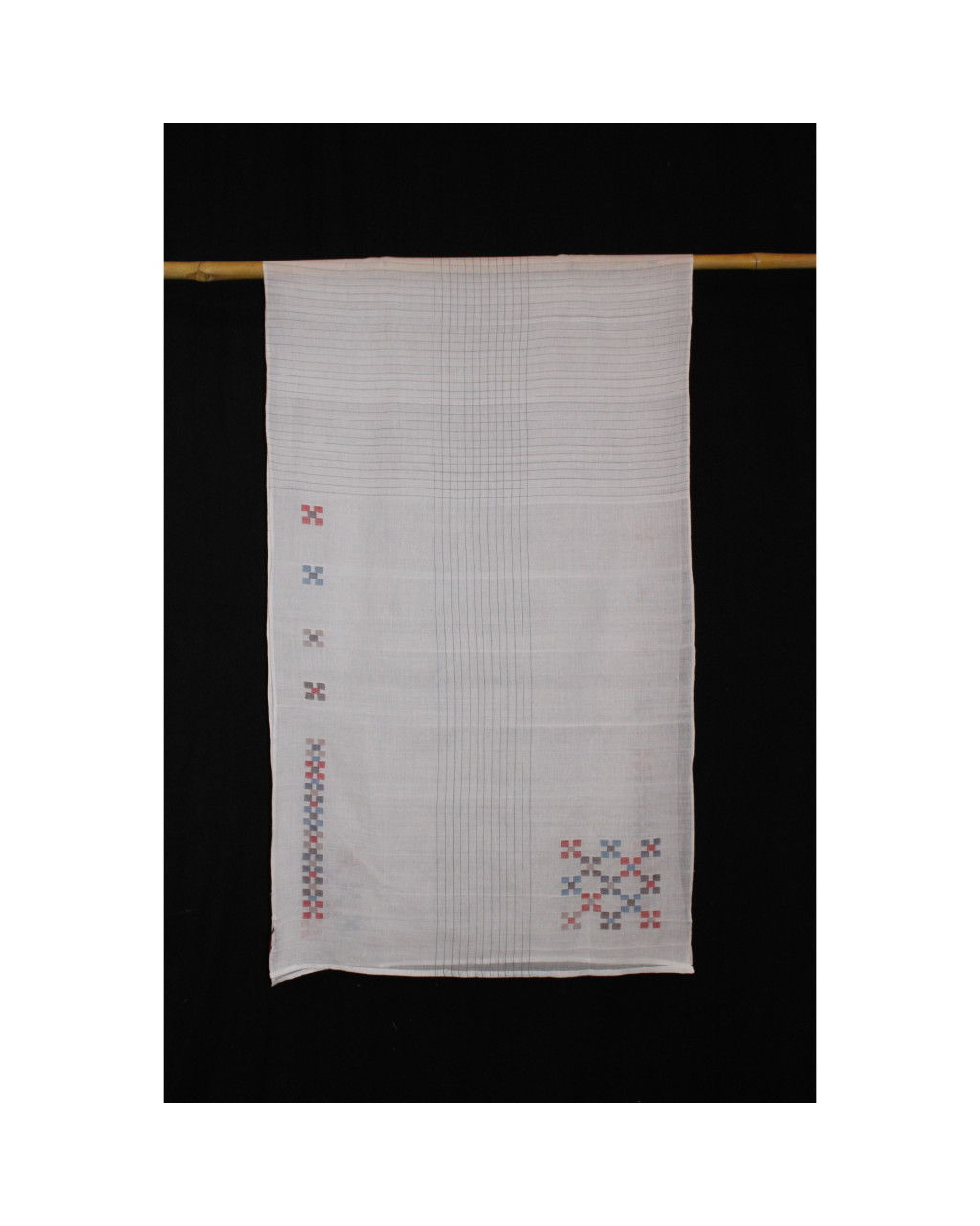 (1325) Cotton Azo-free dyed stole from Shantipur with cotton motifs and cotton motifs - White, red, blue, brown, checks, motif, stripes, black