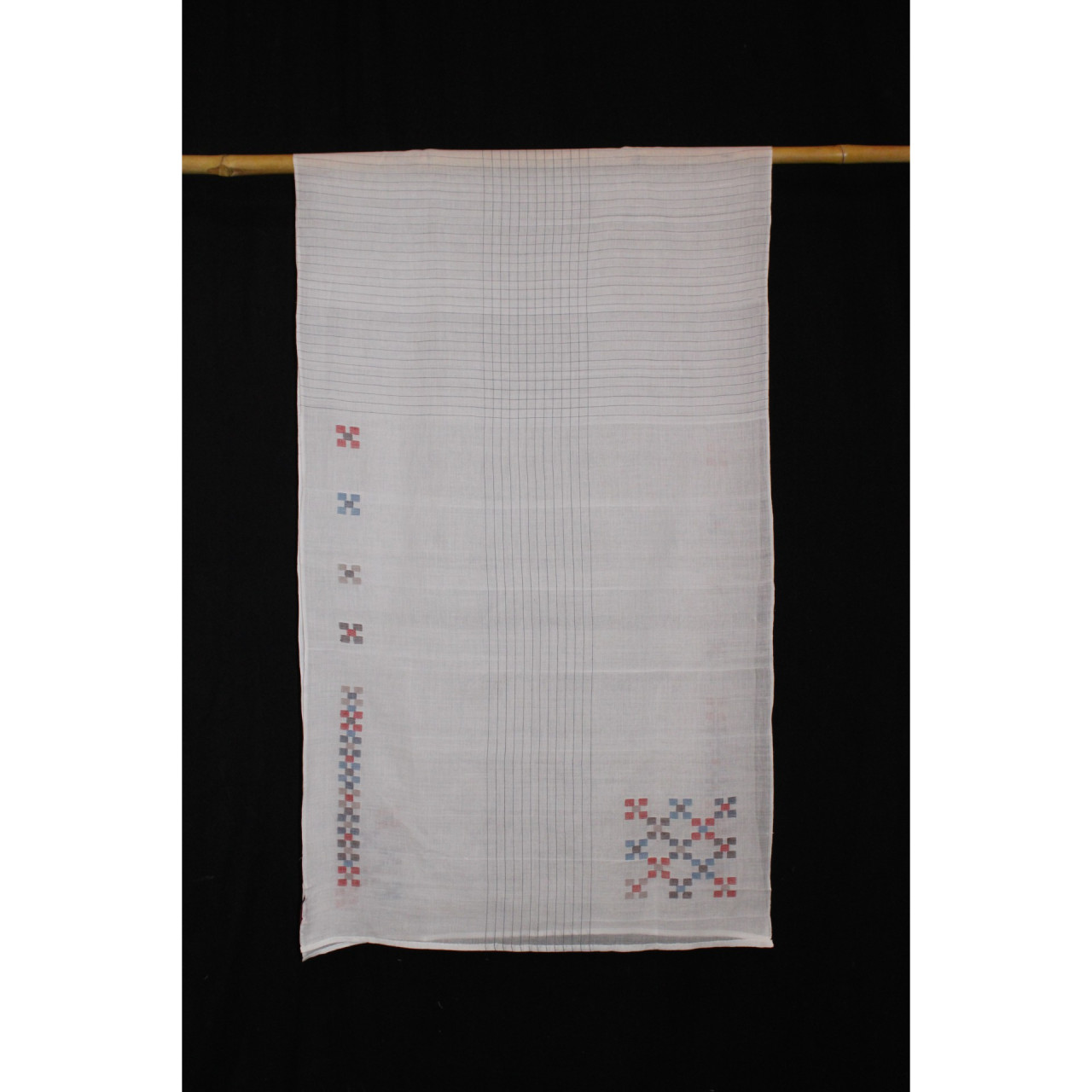 (1325) Cotton Azo-free dyed stole from Shantipur with cotton motifs and cotton motifs - White, red, blue, brown, checks, motif, stripes, black