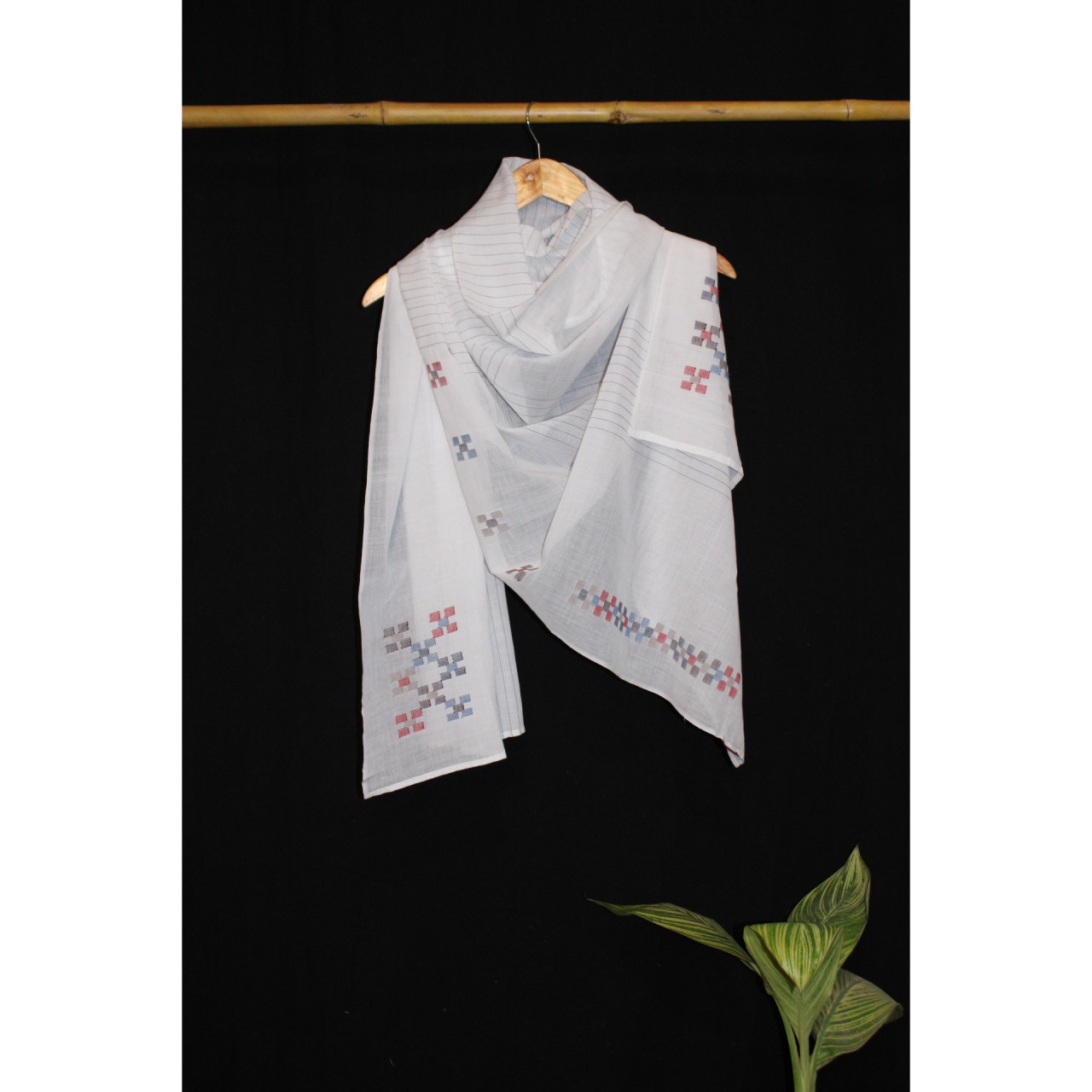(1325) Cotton Azo-free dyed stole from Shantipur with cotton motifs and cotton motifs - White, red, blue, brown, checks, motif, stripes, black