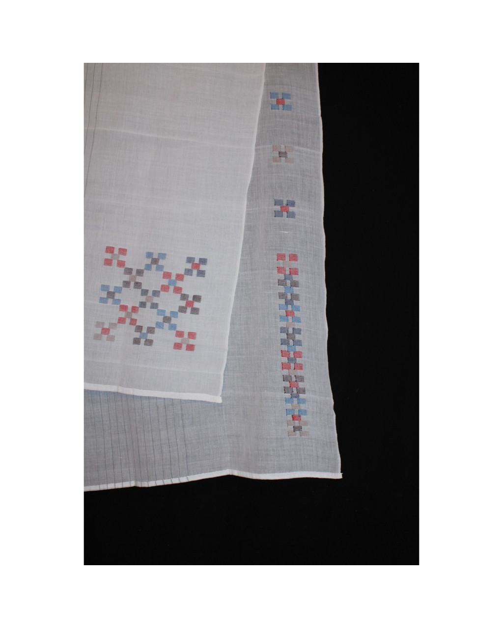 (1325) Cotton Azo-free dyed stole from Shantipur with cotton motifs and cotton motifs - White, red, blue, brown, checks, motif, stripes, black