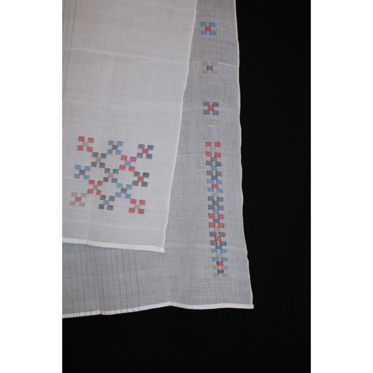 (1325) Cotton Azo-free dyed stole from Shantipur with cotton motifs and cotton motifs - White, red, blue, brown, checks, motif, stripes, black