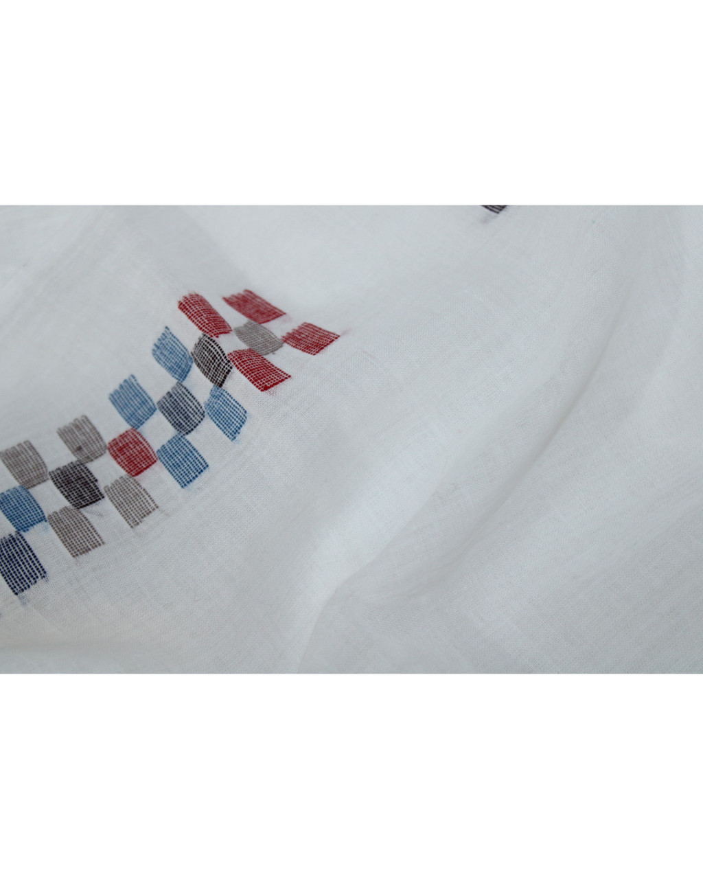 (1325) Cotton Azo-free dyed stole from Shantipur with cotton motifs and cotton motifs - White, red, blue, brown, checks, motif, stripes, black