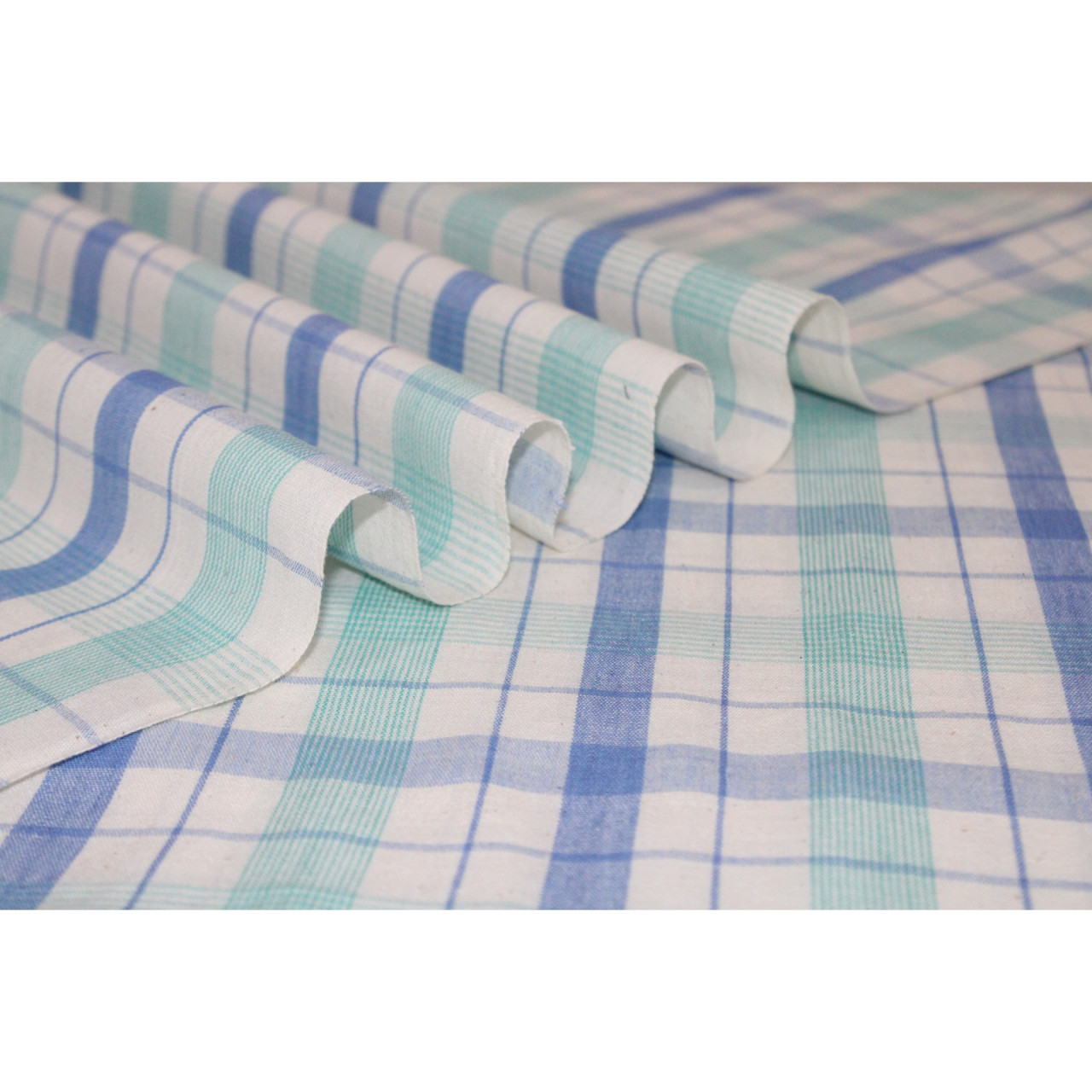 (1529) Cotton Azo-free dyed yardage from Phulia - Sea green, blue, white, horizontal stripes