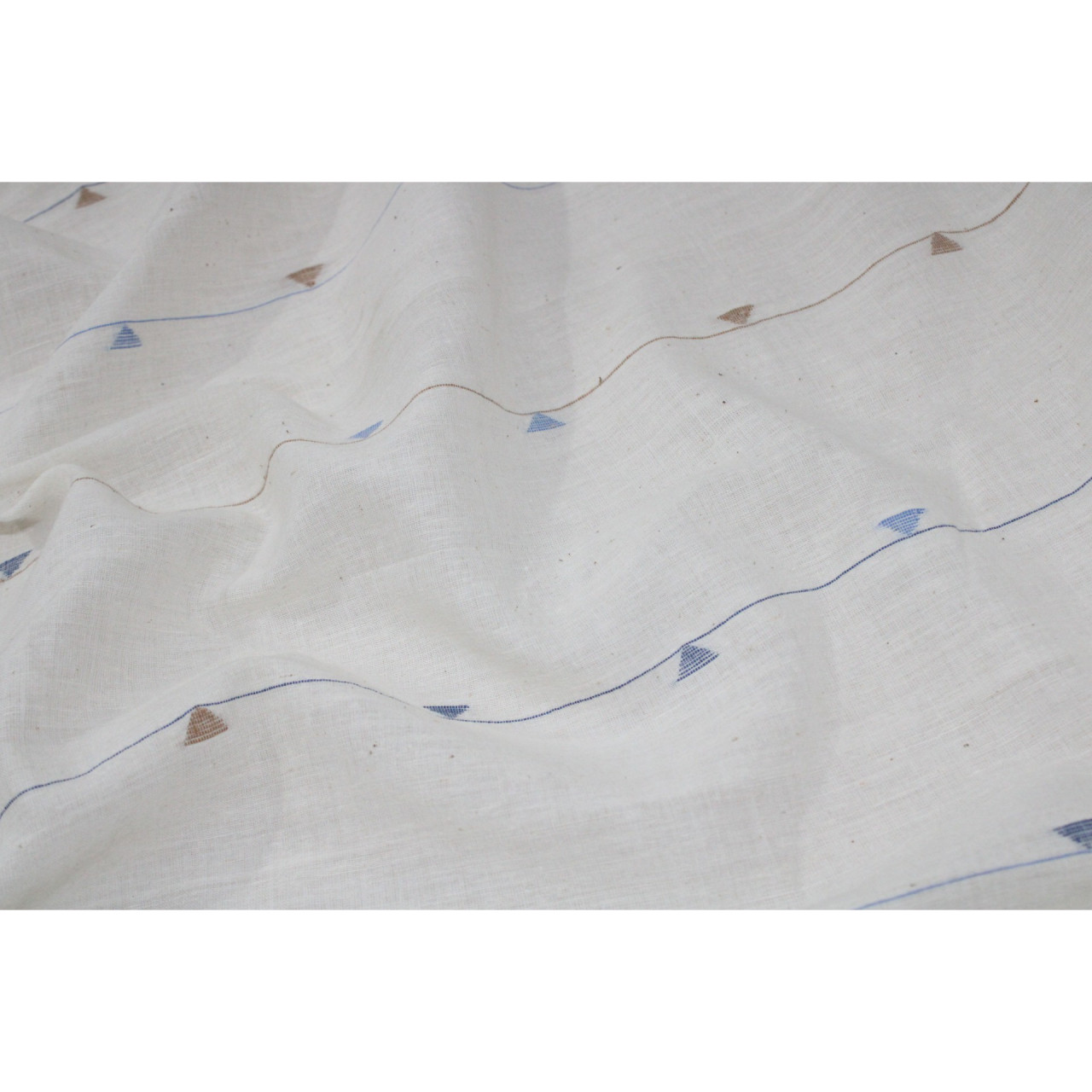 (1548) Cotton and khadi  Azo-free dyed Jamdani yardage from Shantipur with cotton motifs and cotton motifs - White, sky blue, indigo, selvedge, brown, motif