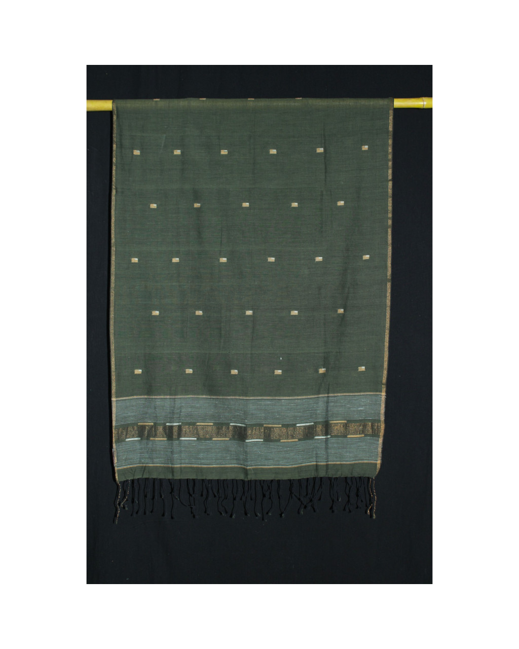 (1800) Cotton and khadi  Azo-free dyed stole from Shantipur with motifs - Green, black, golden, motif