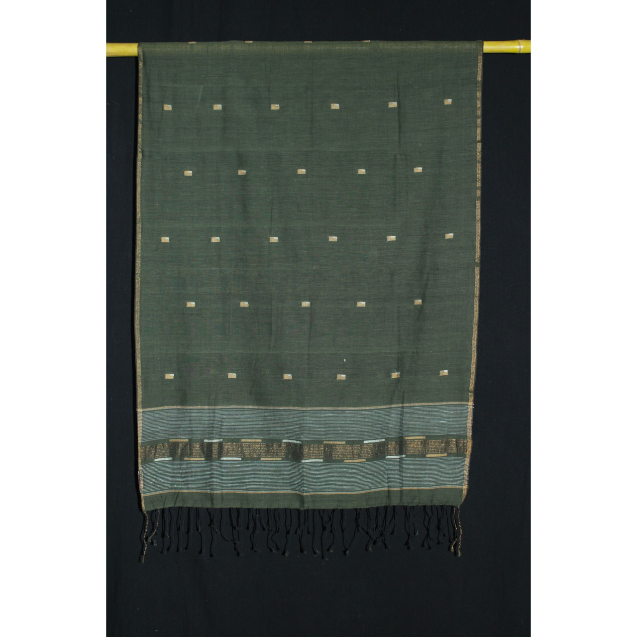 (1800) Cotton and khadi  Azo-free dyed stole from Shantipur with motifs - Green, black, golden, motif