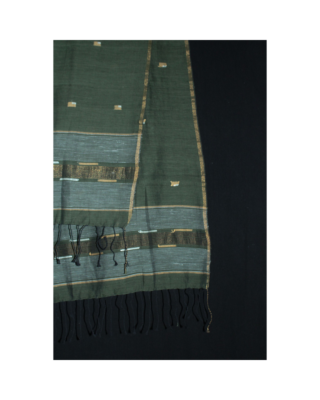 (1800) Cotton and khadi  Azo-free dyed stole from Shantipur with motifs - Green, black, golden, motif
