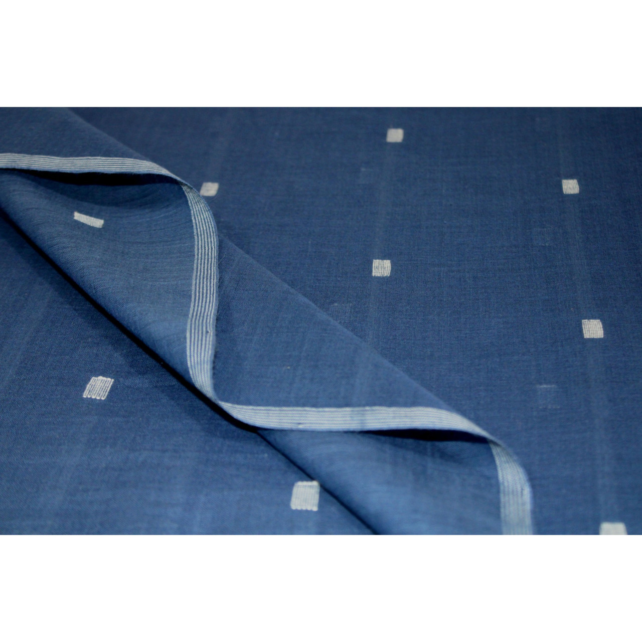 (1975) Cotton and khadi  Azo-free dyed yardage from Shantipur with cotton motifs and cotton motifs - Indigo, white, motif