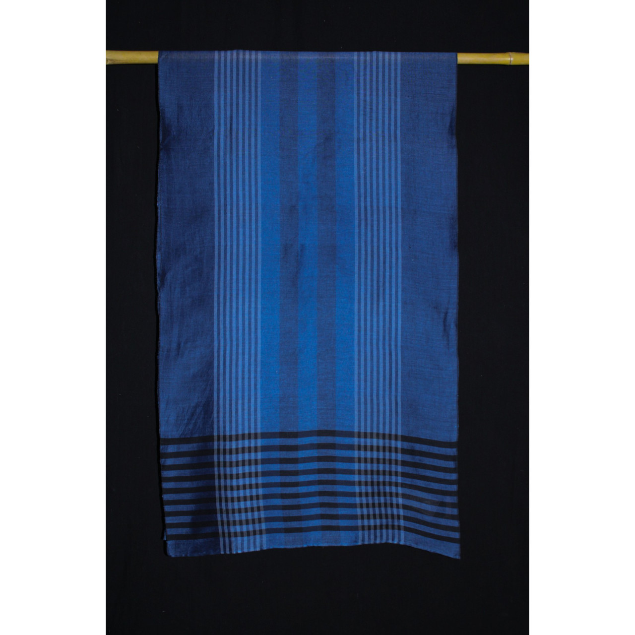 (2072) Khadi  and linen Azo-free dyed stole from Shantipur - Indigo, black, stripes, white