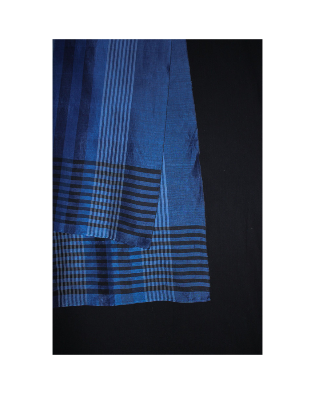 (2072) Khadi  and linen Azo-free dyed stole from Shantipur - Indigo, black, stripes, white