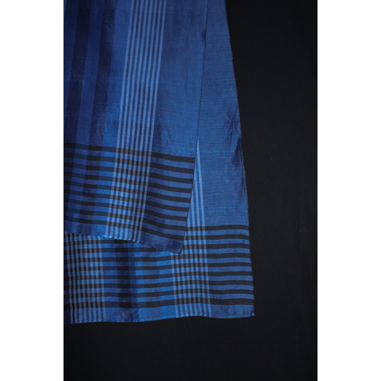 (2072) Khadi  and linen Azo-free dyed stole from Shantipur - Indigo, black, stripes, white
