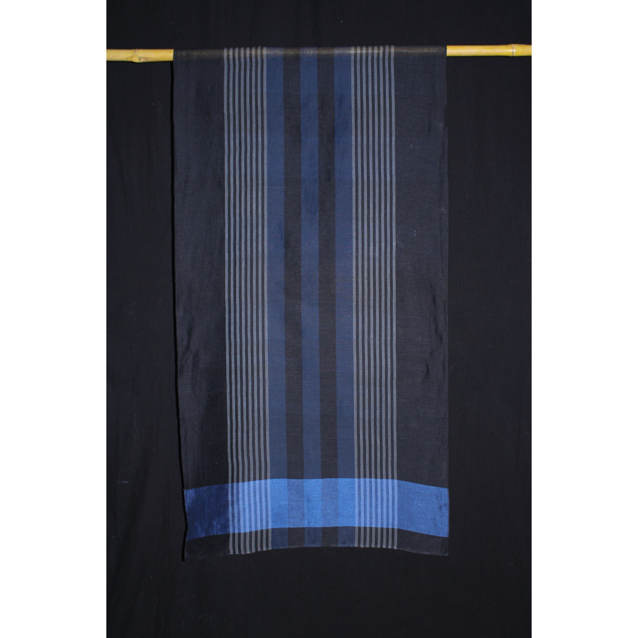 (2073) Khadi  and linen Azo-free dyed stole from Shantipur - Indigo, black, blue, white, stripes, plain