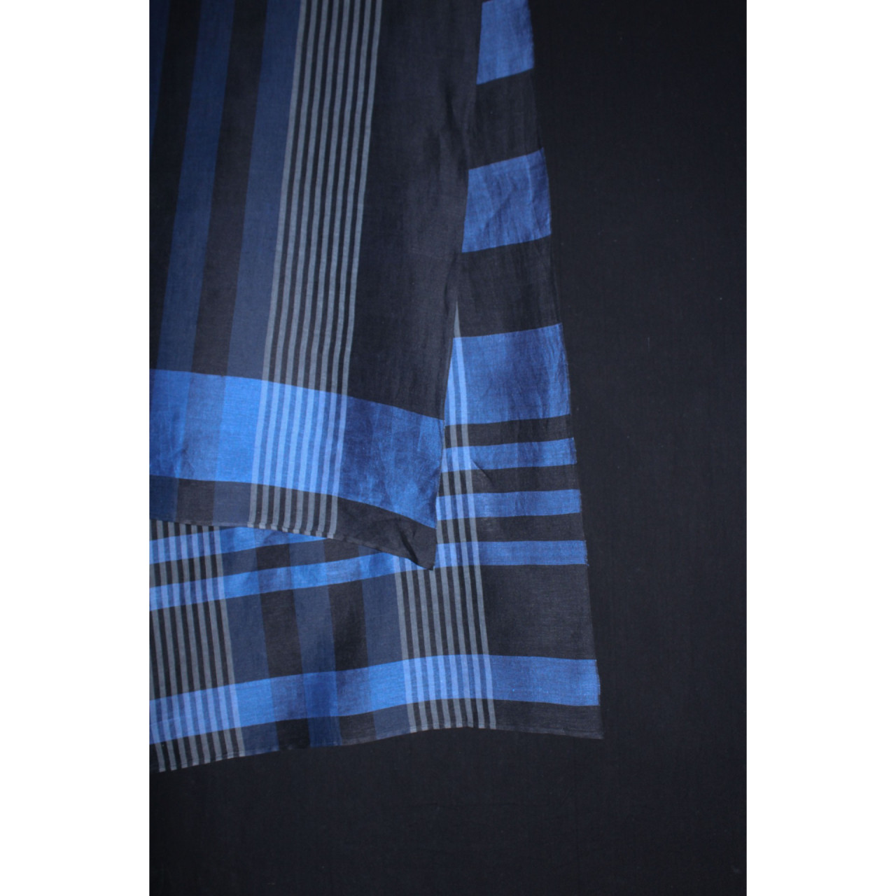 (2073) Khadi  and linen Azo-free dyed stole from Shantipur - Indigo, black, blue, white, stripes, plain