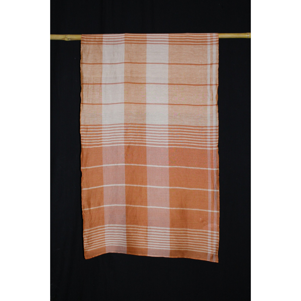 (2157) Khadi  and linen Azo-free dyed stole from Shantipur - Orange, cream, stripes, checks