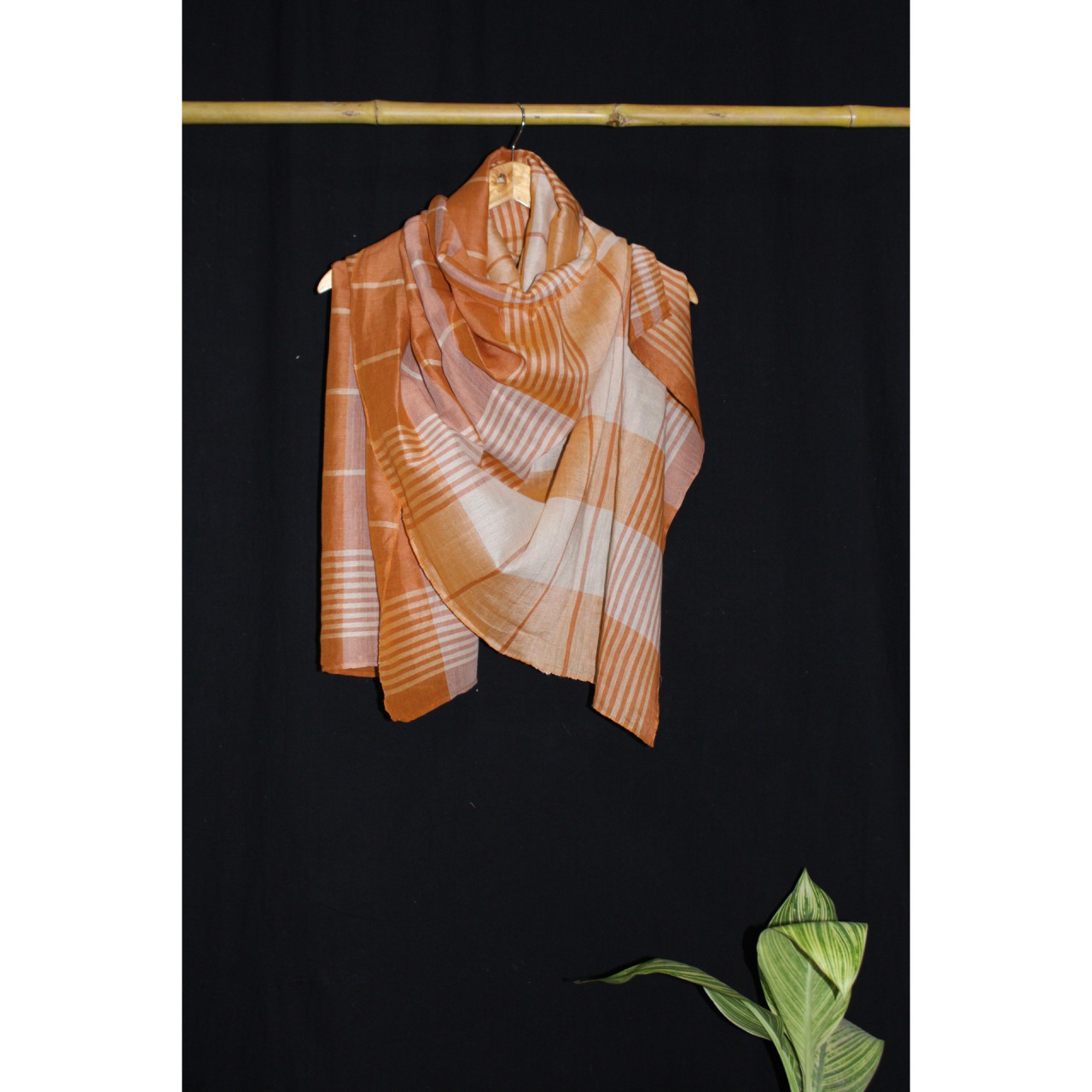 (2157) Khadi  and linen Azo-free dyed stole from Shantipur - Orange, cream, stripes, checks