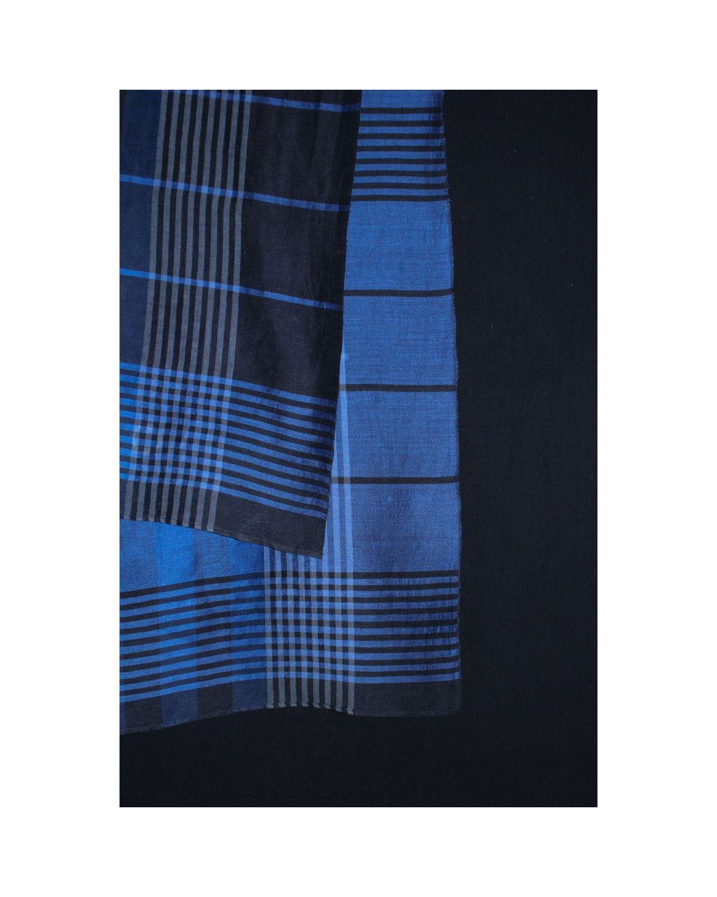 (2159) Khadi  and linen Azo-free dyed stole from Shantipur - Indigo, black, blue, stripes, checks