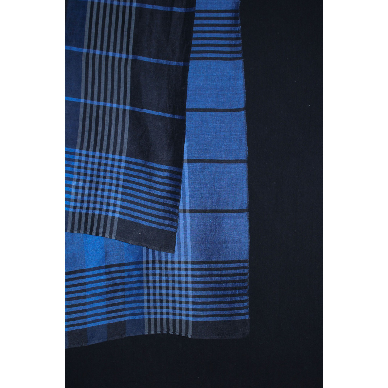 (2159) Khadi  and linen Azo-free dyed stole from Shantipur - Indigo, black, blue, stripes, checks