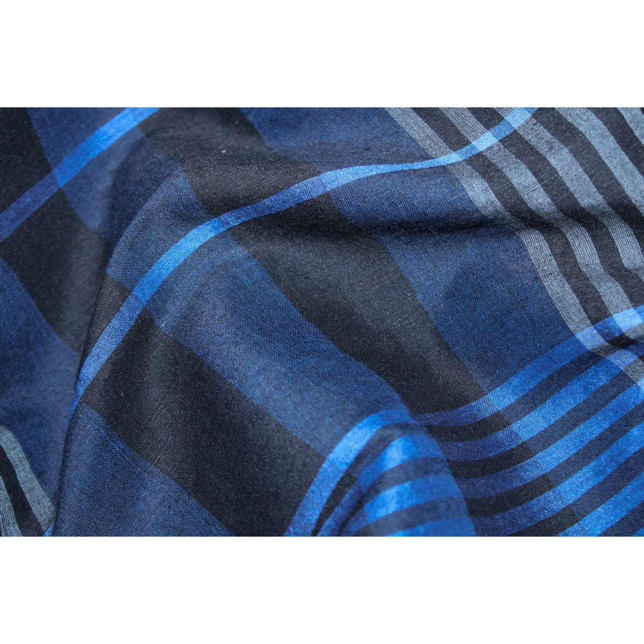 (2159) Khadi  and linen Azo-free dyed stole from Shantipur - Indigo, black, blue, stripes, checks