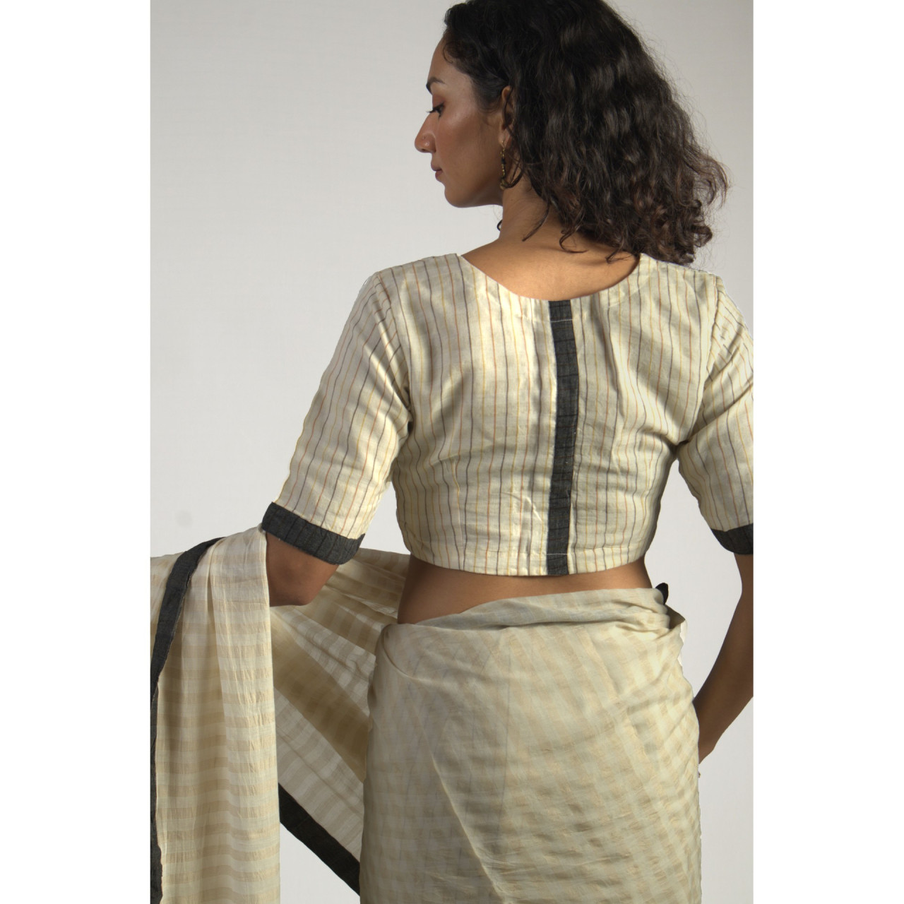 (2205) Cotton and mulberry silk Azo-free dyed Jamdani sari from Shantipur with cotton motifs and cotton motifs - White, light brown, mustard yellow, motif, stripes, black, pompoms, cream, brown, yellow