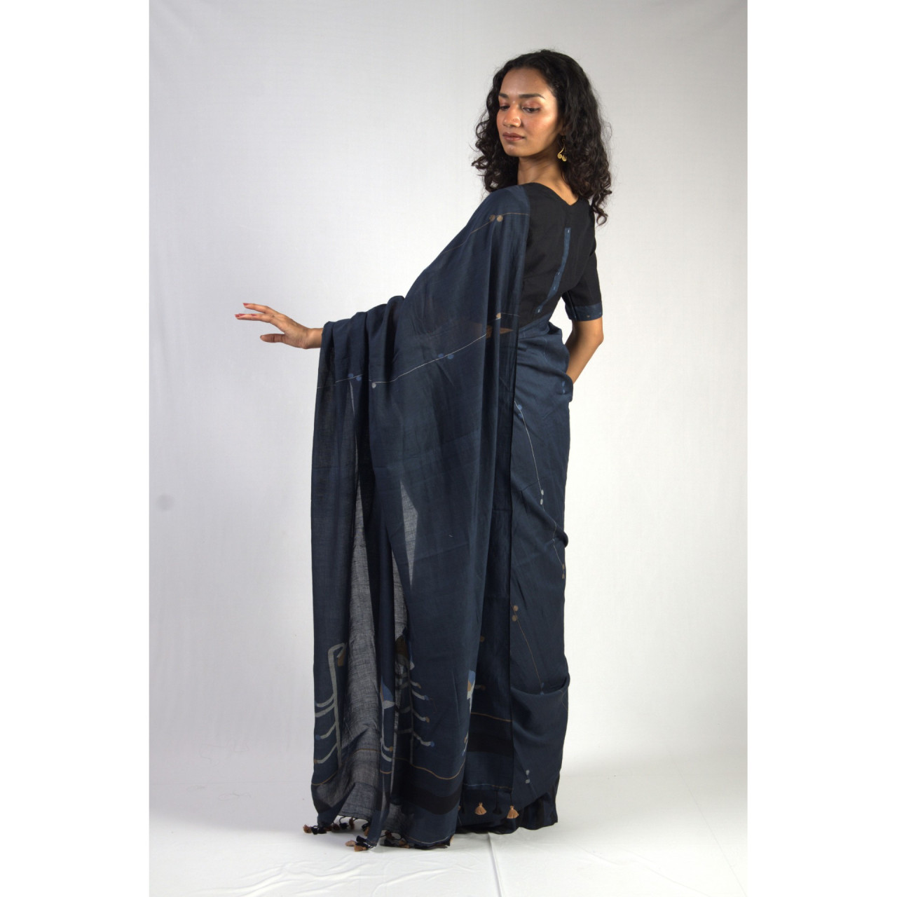 (2451) Cotton and khadi Azo-free dyed Jamdani sari from Shantipur with cotton motifs and cotton motifs - Indigo, brown, white, motif, pompoms, stripes, black, mustard yellow
