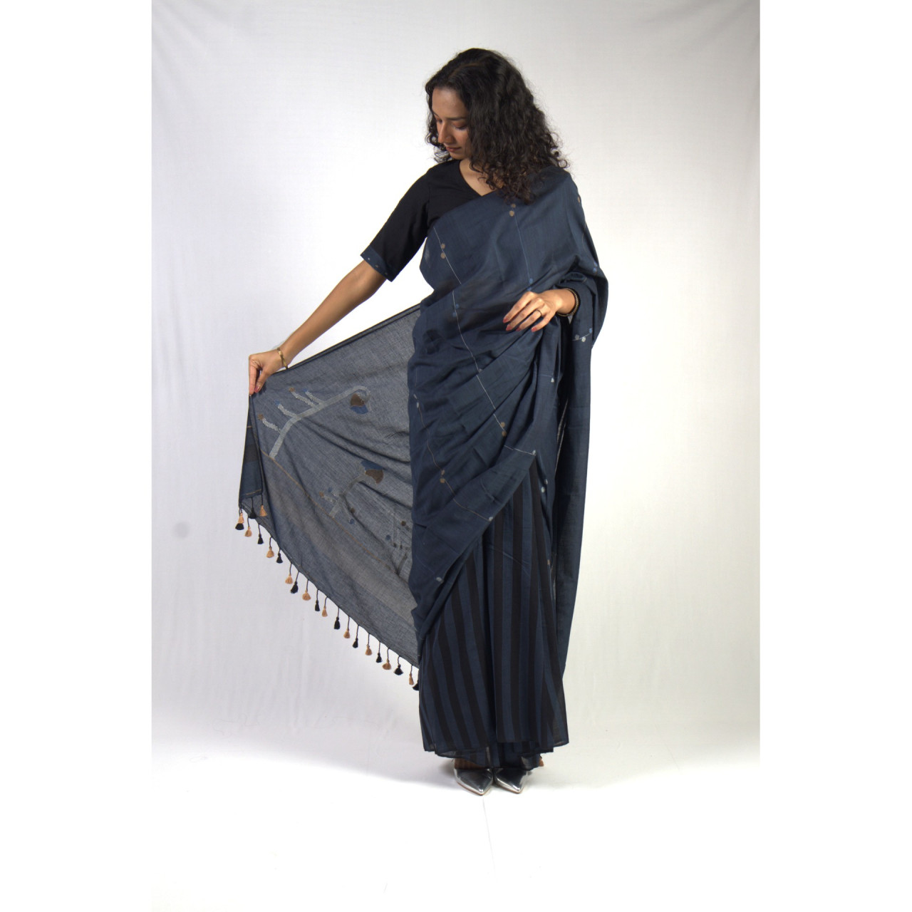 (2451) Cotton and khadi Azo-free dyed Jamdani sari from Shantipur with cotton motifs and cotton motifs - Indigo, brown, white, motif, pompoms, stripes, black, mustard yellow