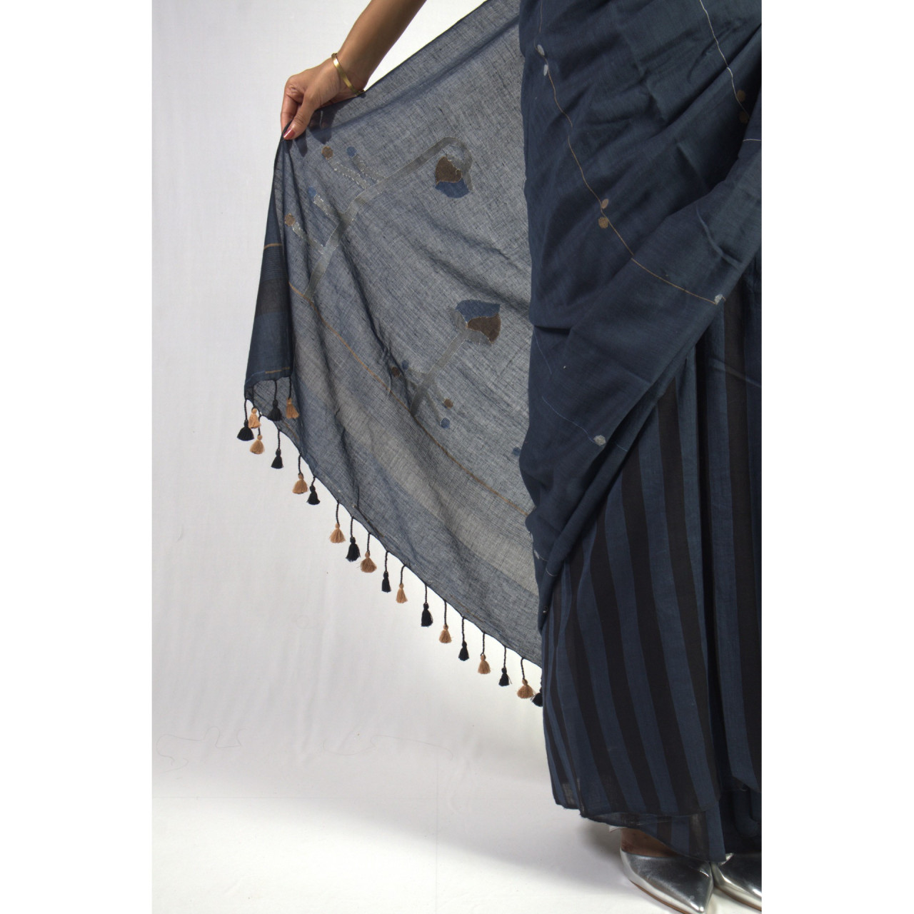 (2451) Cotton and khadi Azo-free dyed Jamdani sari from Shantipur with cotton motifs and cotton motifs - Indigo, brown, white, motif, pompoms, stripes, black, mustard yellow