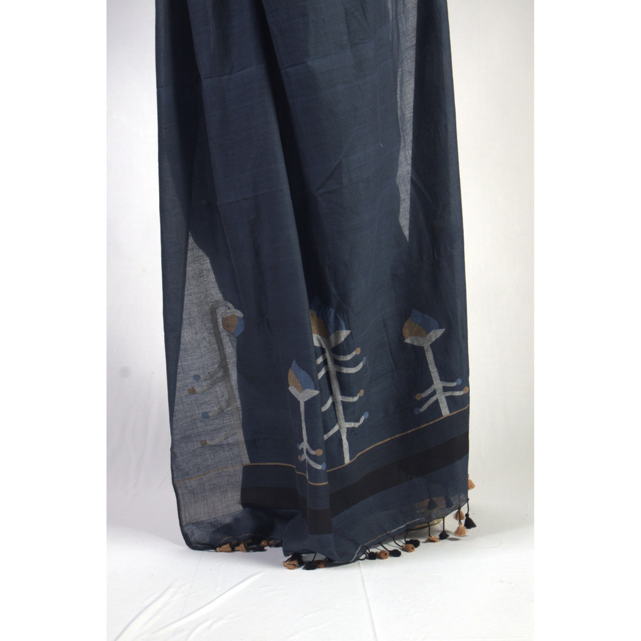 (2451) Cotton and khadi Azo-free dyed Jamdani sari from Shantipur with cotton motifs and cotton motifs - Indigo, brown, white, motif, pompoms, stripes, black, mustard yellow