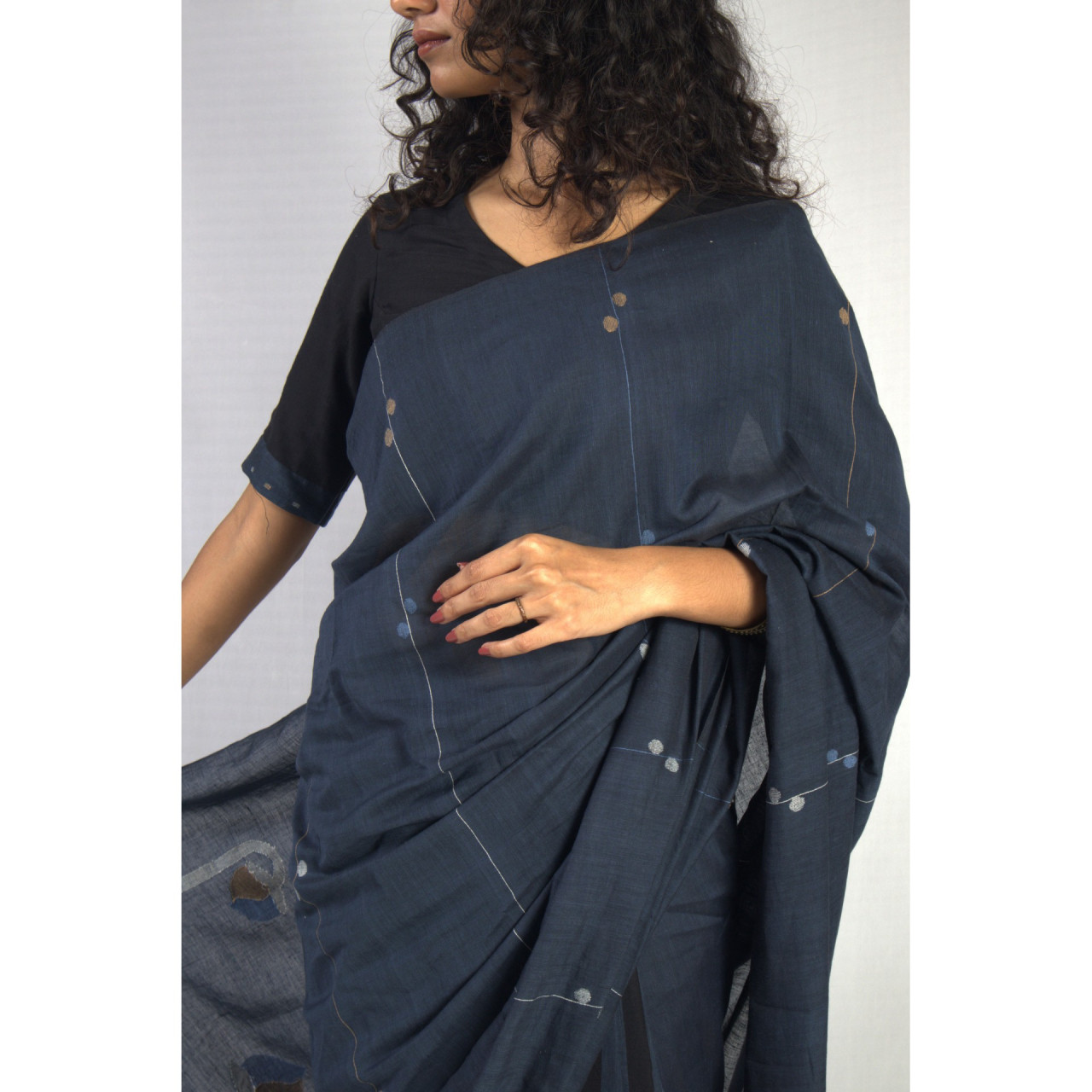 (2451) Cotton and khadi Azo-free dyed Jamdani sari from Shantipur with cotton motifs and cotton motifs - Indigo, brown, white, motif, pompoms, stripes, black, mustard yellow