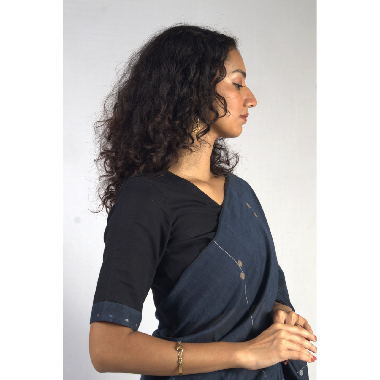 (2451) Cotton and khadi Azo-free dyed Jamdani sari from Shantipur with cotton motifs and cotton motifs - Indigo, brown, white, motif, pompoms, stripes, black, mustard yellow