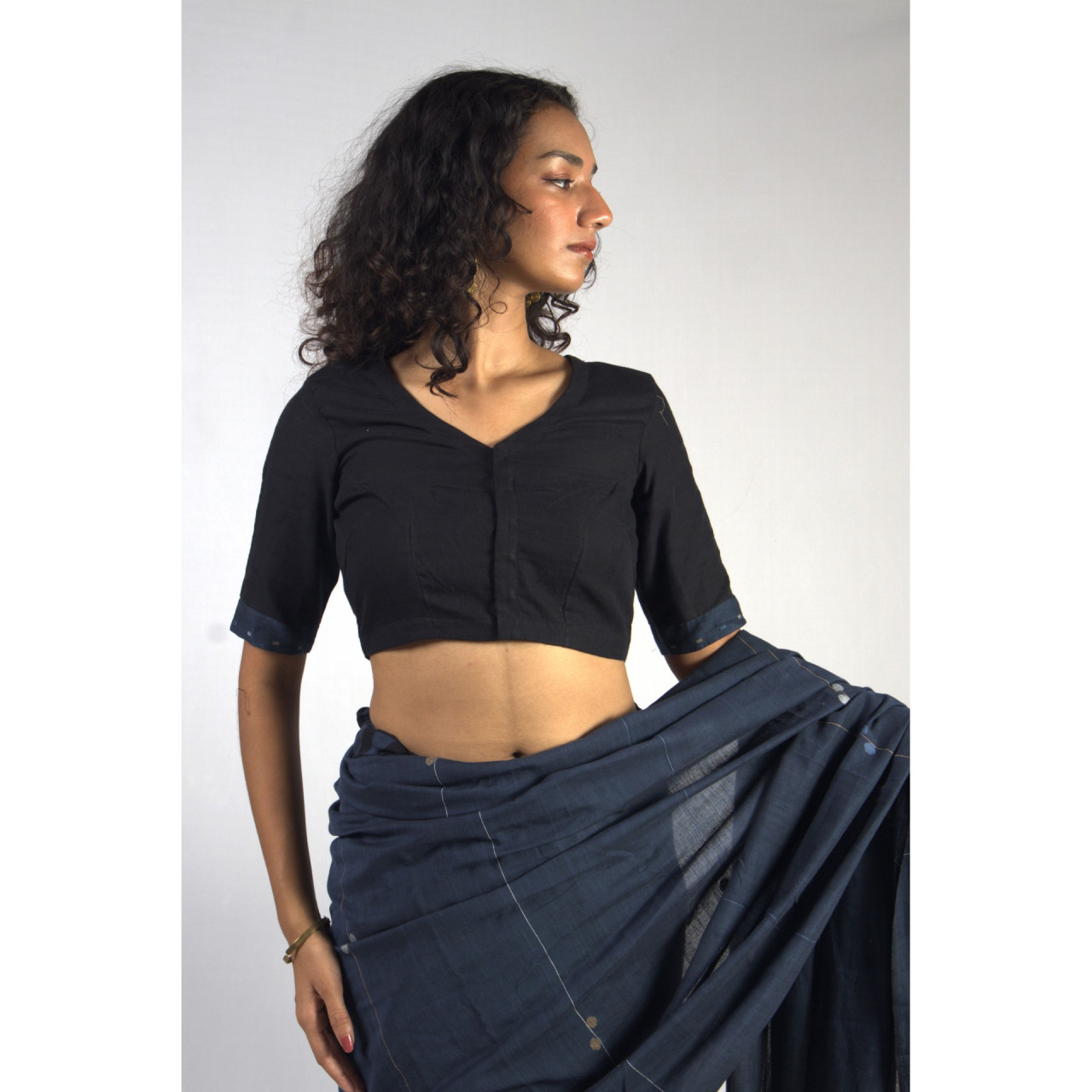 (2451) Cotton and khadi Azo-free dyed Jamdani sari from Shantipur with cotton motifs and cotton motifs - Indigo, brown, white, motif, pompoms, stripes, black, mustard yellow