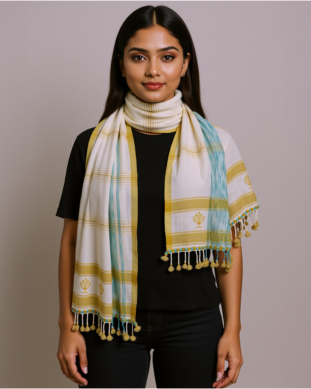 (2511) Kala cotton and cotton Azo-free dyed Kutchy dupatta from Kutch with kala cotton motifs, kala cotton motifs and tied-and-dyed yarn - White, sky blue, space dyed, mustard yellow, stripes, motif, turquoise, blue, eggshell blue, pompoms, horizontal stripes, yellow