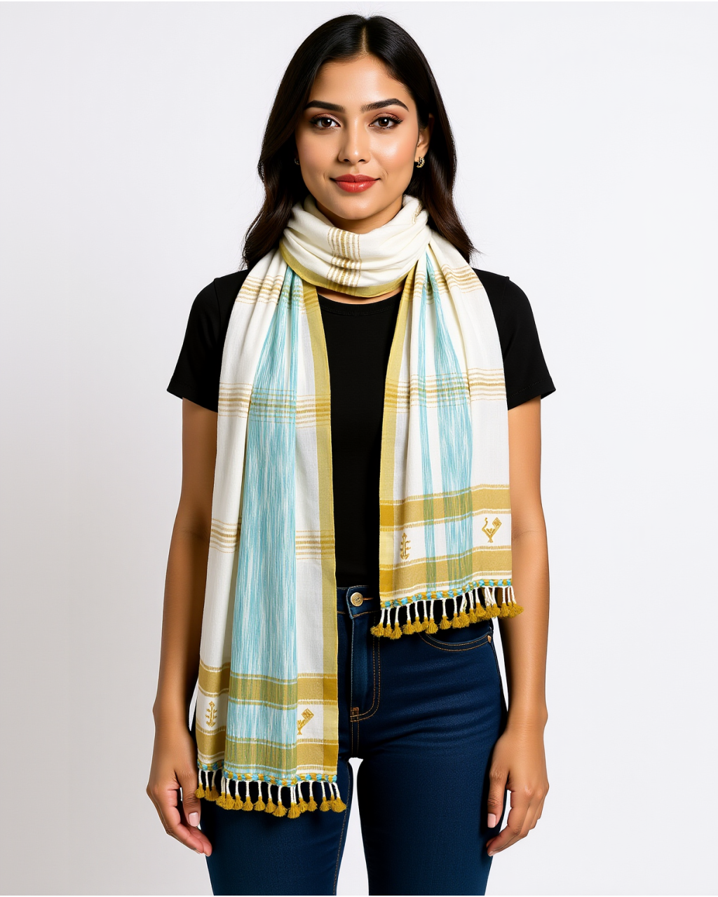 (2518) Kala cotton and cotton Azo-free dyed Kutchy dupatta from Kutch with kala cotton motifs and kala cotton motifs - Off white, mustard yellow, sky blue, space dyed, motif, turquoise, light blue, yellow, pompoms
