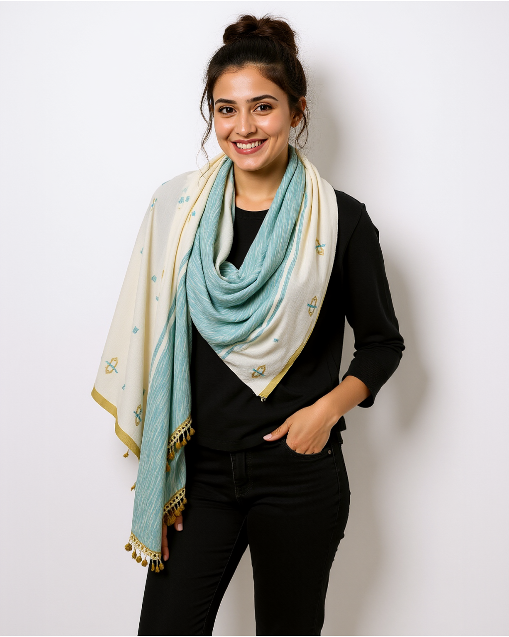 (2520) Kala cotton and cotton Azo-free dyed Kutchy dupatta from Kutch with kala cotton motifs and kala cotton motifs - Off white, sky blue, space dyed, motif, mustard yellow, turquoise, pompoms, yellow