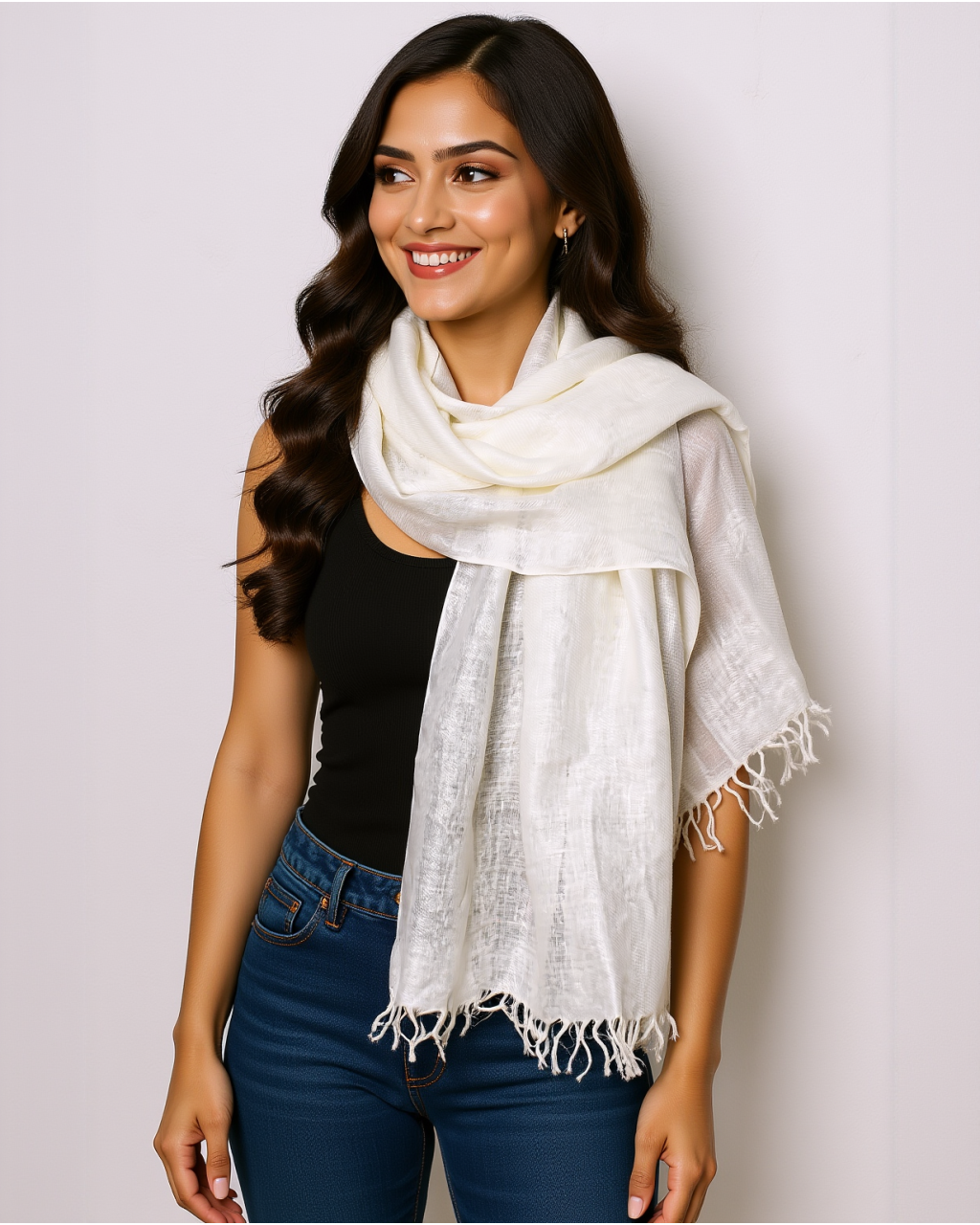 (1417) Linen undyed stole from Bihar - White, plain